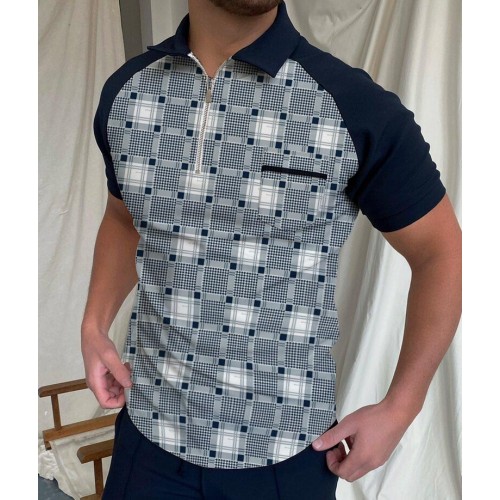 Men's fashionable color block plaid short sleeves HF0406-03-03